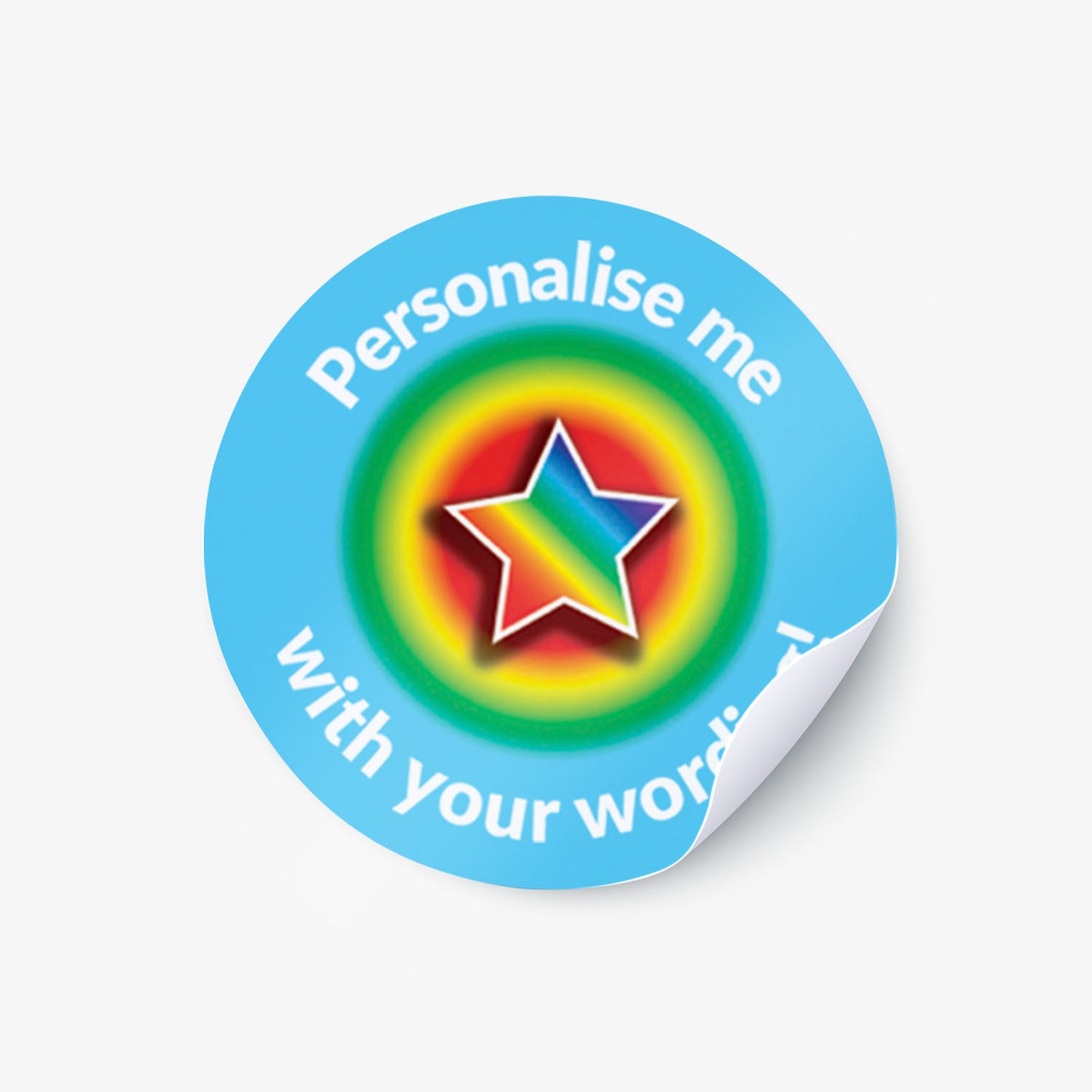 Aqua stickers with a rainbow coloured star as a central image.  'Personalise me with your wording!' surrounds the image.