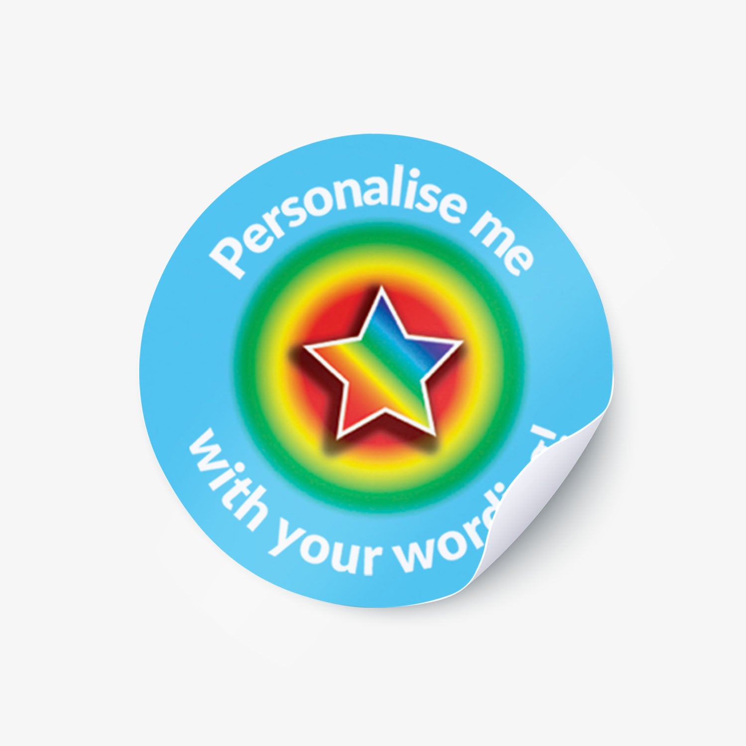 Aqua stickers with a rainbow coloured star as a central image.  'Personalise me with your wording!' surrounds the image.