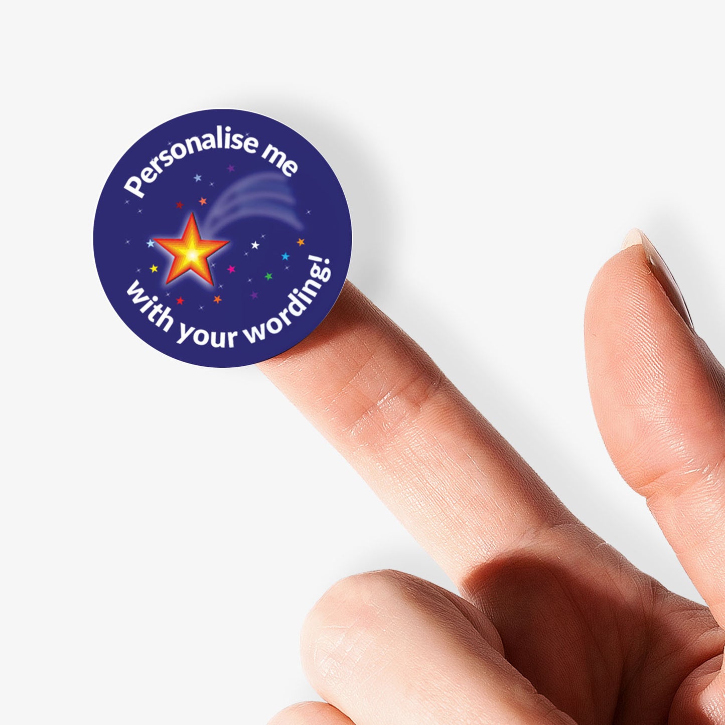 Purple sticker on a finger with a shooting star as a central image.  'Personalise me with your wording!' surrounds the image.