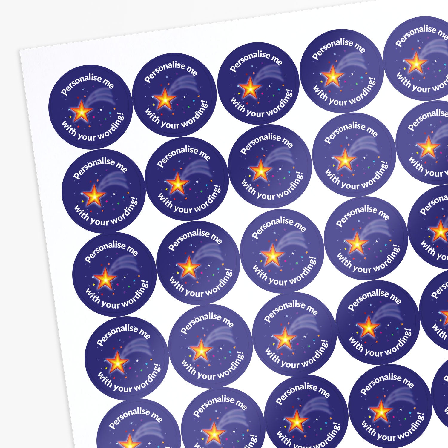 Purple stickers with a shooting star as a central image.  'Personalise me with your wording!' surrounds the image.