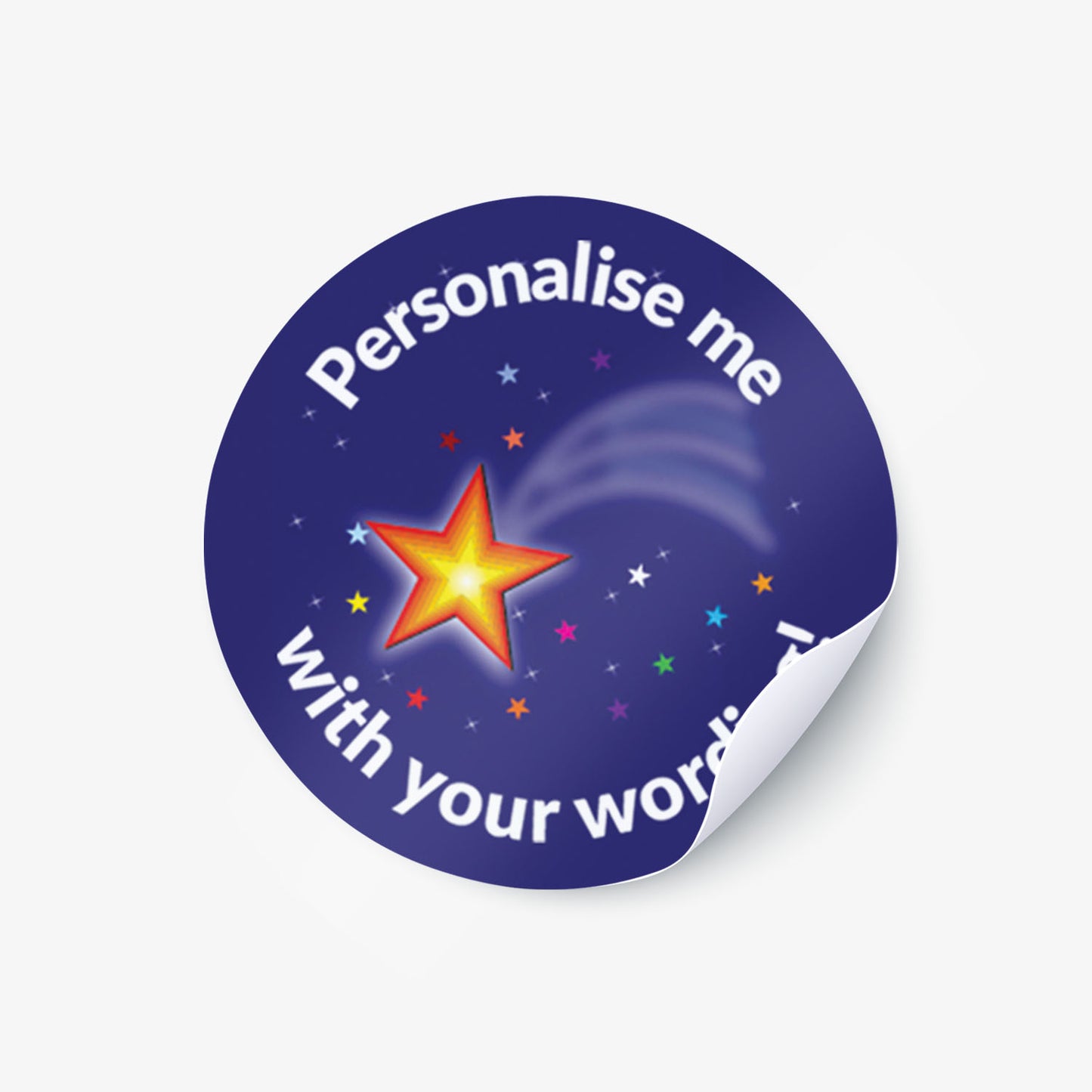 Purple sticker with a shooting star as a central image.  'Personalise me with your wording!' surrounds the image.