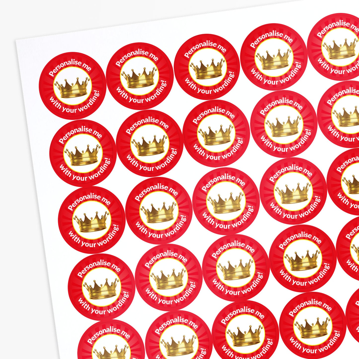 Red stickers with a gold crown on white background as a central image.  'Personalise me with your wording!' surrounds the image.