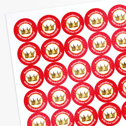 Red stickers with a gold crown on white background as a central image.  'Personalise me with your wording!' surrounds the image.