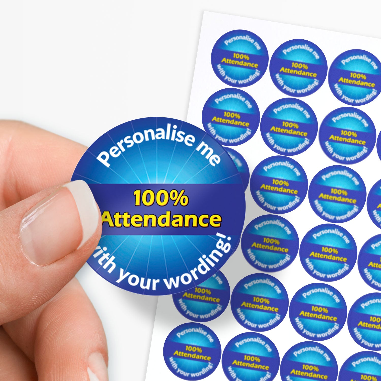 Blue stickers with '100% Attendance' in a starburst as a central image.  'Personalise me with your wording!' surrounds the image.