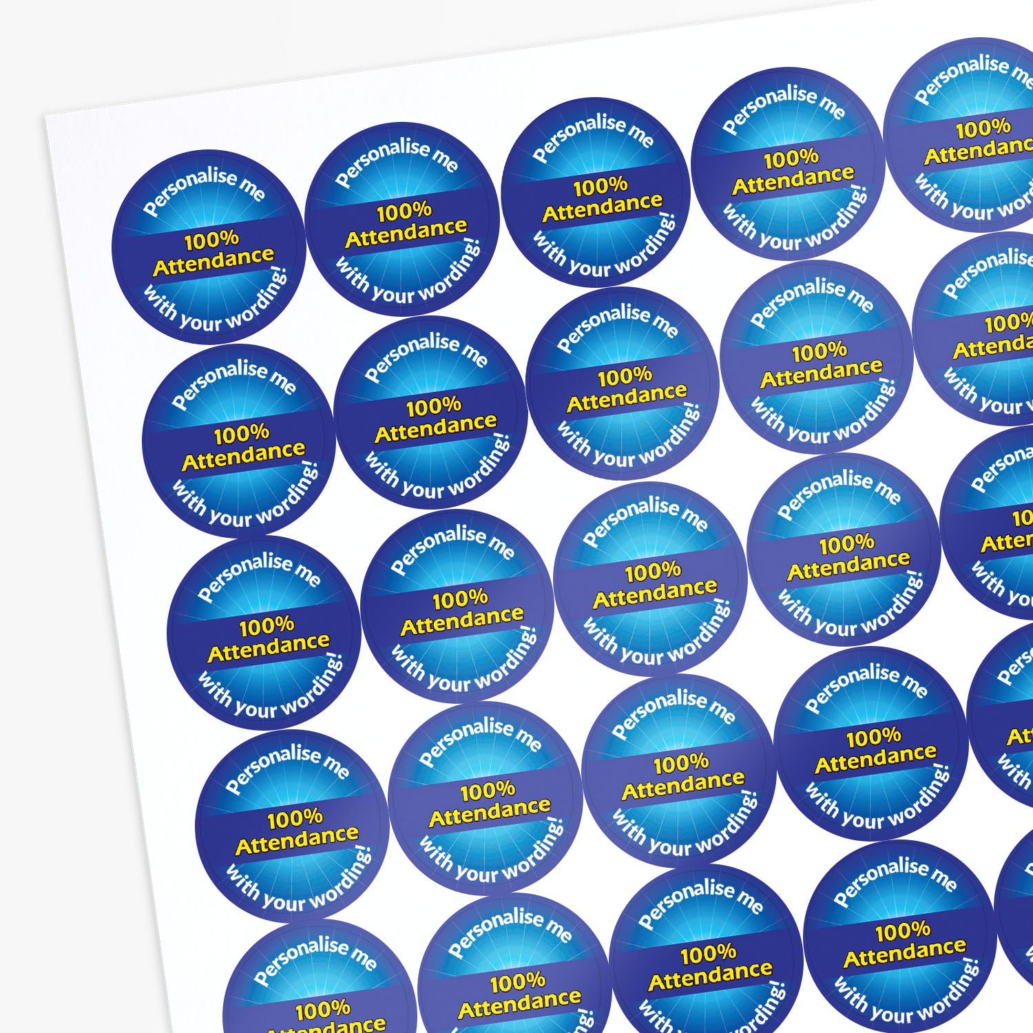 Sheet of blue stickers with 'Improved Attendance' in a starburst as a central image.  'Personalise me with your wording!' surrounds the image.