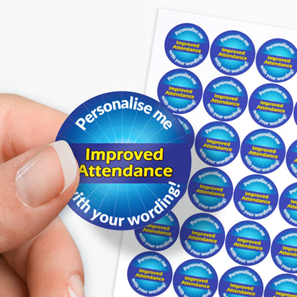 Blue stickers with 'Improved Attendance' in a starburst as a central image.  'Personalise me with your wording!' surrounds the image.