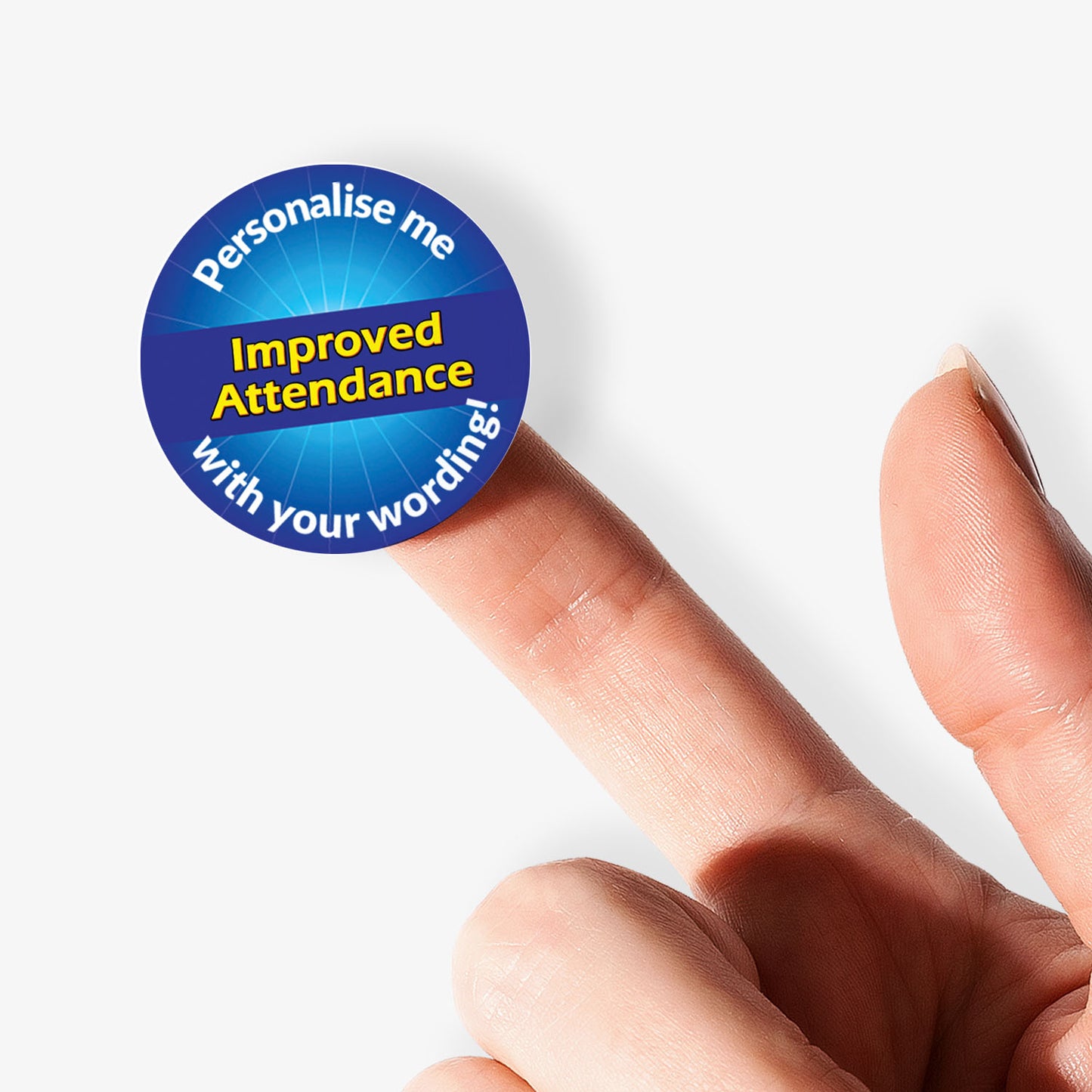 Blue sticker on finger with 'Improved Attendance' in a starburst as a central image.  'Personalise me with your wording!' surrounds the image.