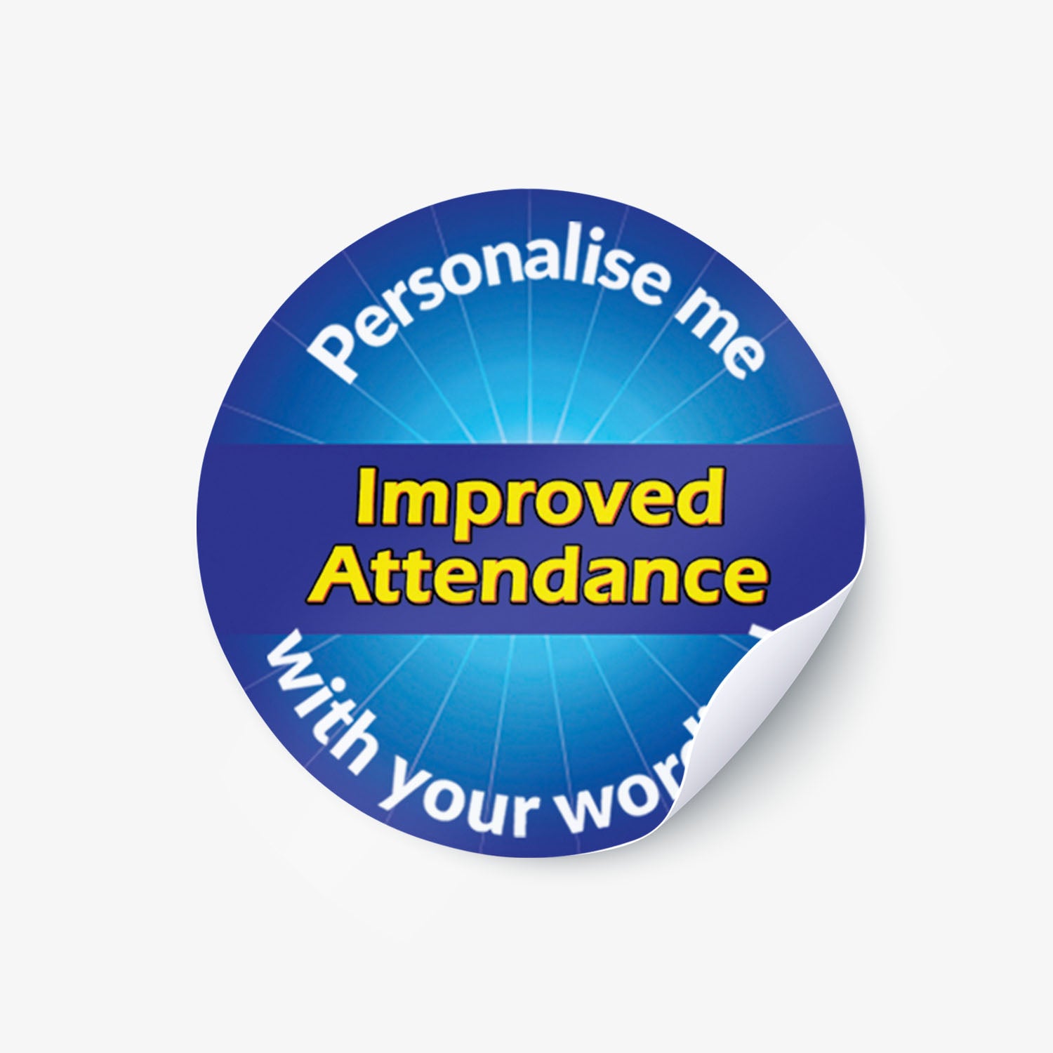 Blue stickers with 'Improved Attendance' in a starburst as a central image.  'Personalise me with your wording!' surrounds the image.