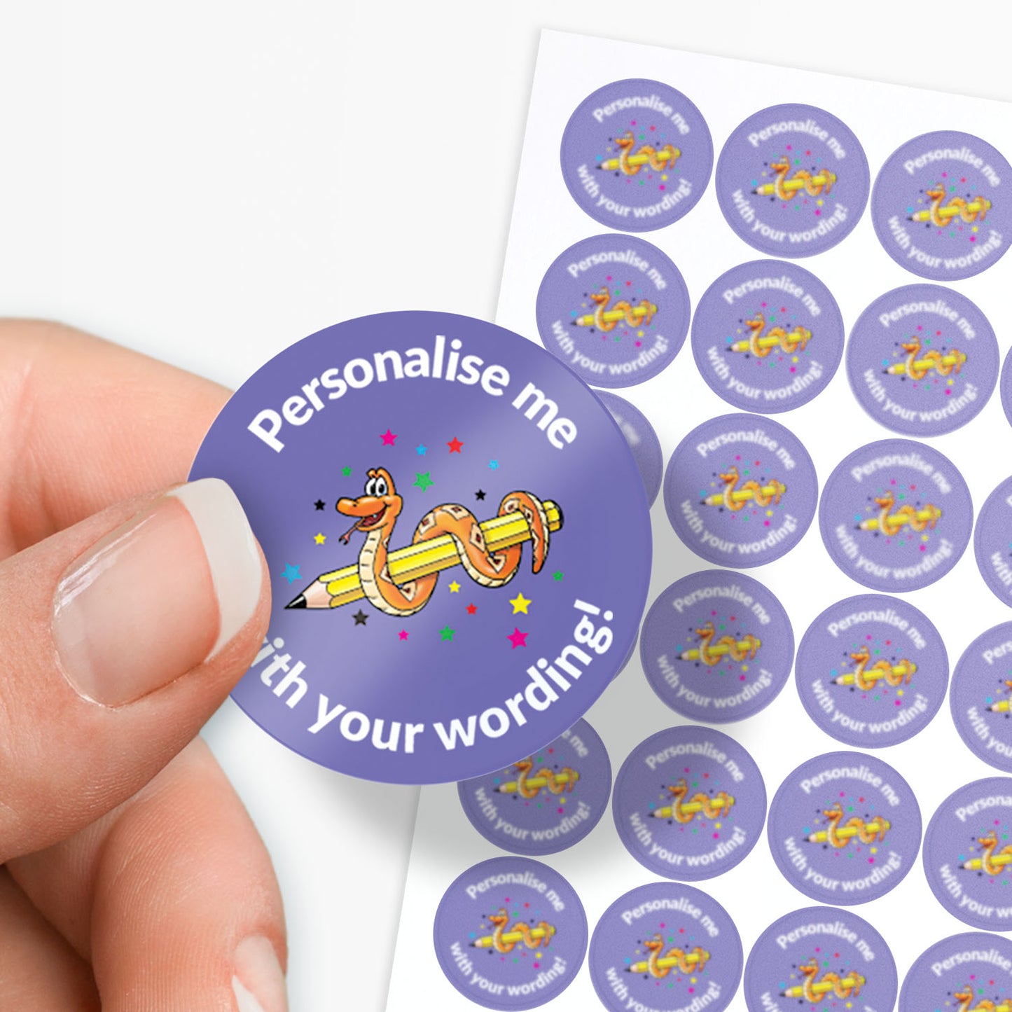 Purple stickers with a smiling snake wrapped around a pencil as a central image.  'Personalise me with your wording!' surrounds the image.