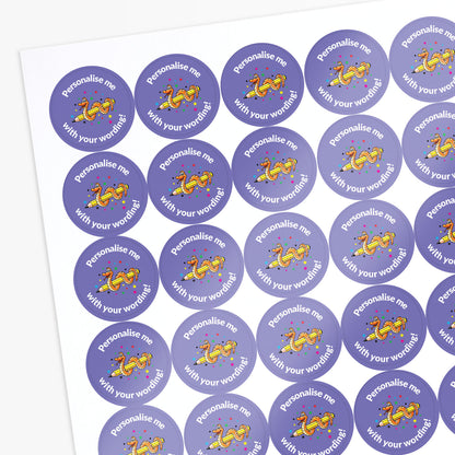 Sheet of purple stickers with cartoon snake and text on a white background