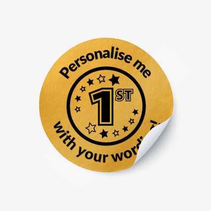 Round gold sticker with 1st graphic and text 'Personalise me with your wording!' 