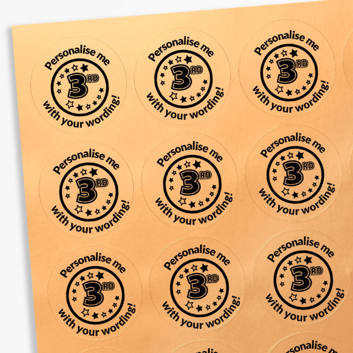 Sheet of round stickers with '3rd' design and text 'Personalise me with your wording!' on a bronze background.