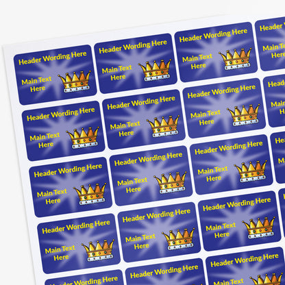 A4 Sheet of Blue stickers with yellow text and a crown icon