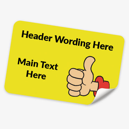 Rectangle yellow sticker with thumbs up decals and text.