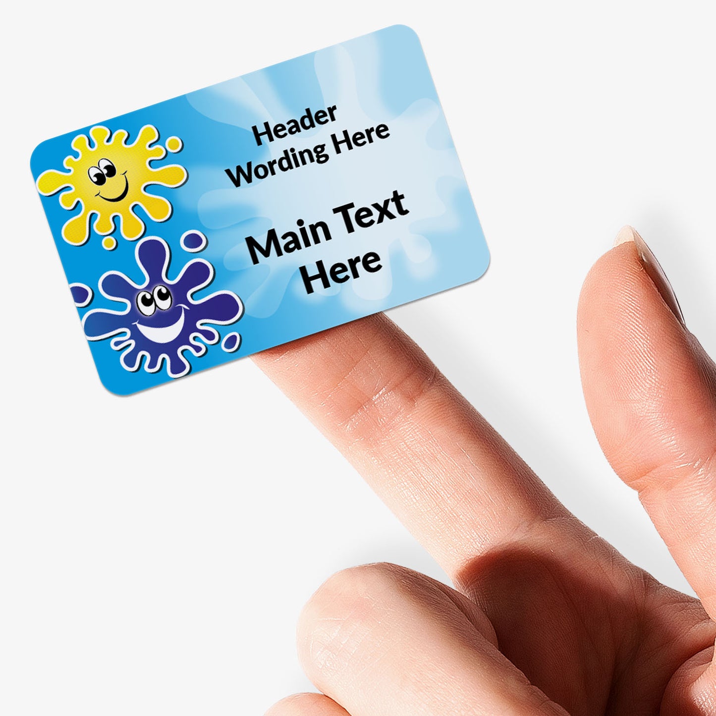 Single rectangle blue sticker with splat decals and text held by finger