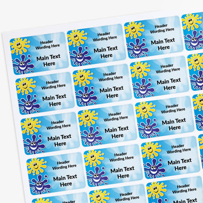 Sheet of rectangle blue sticker with splat decals and text