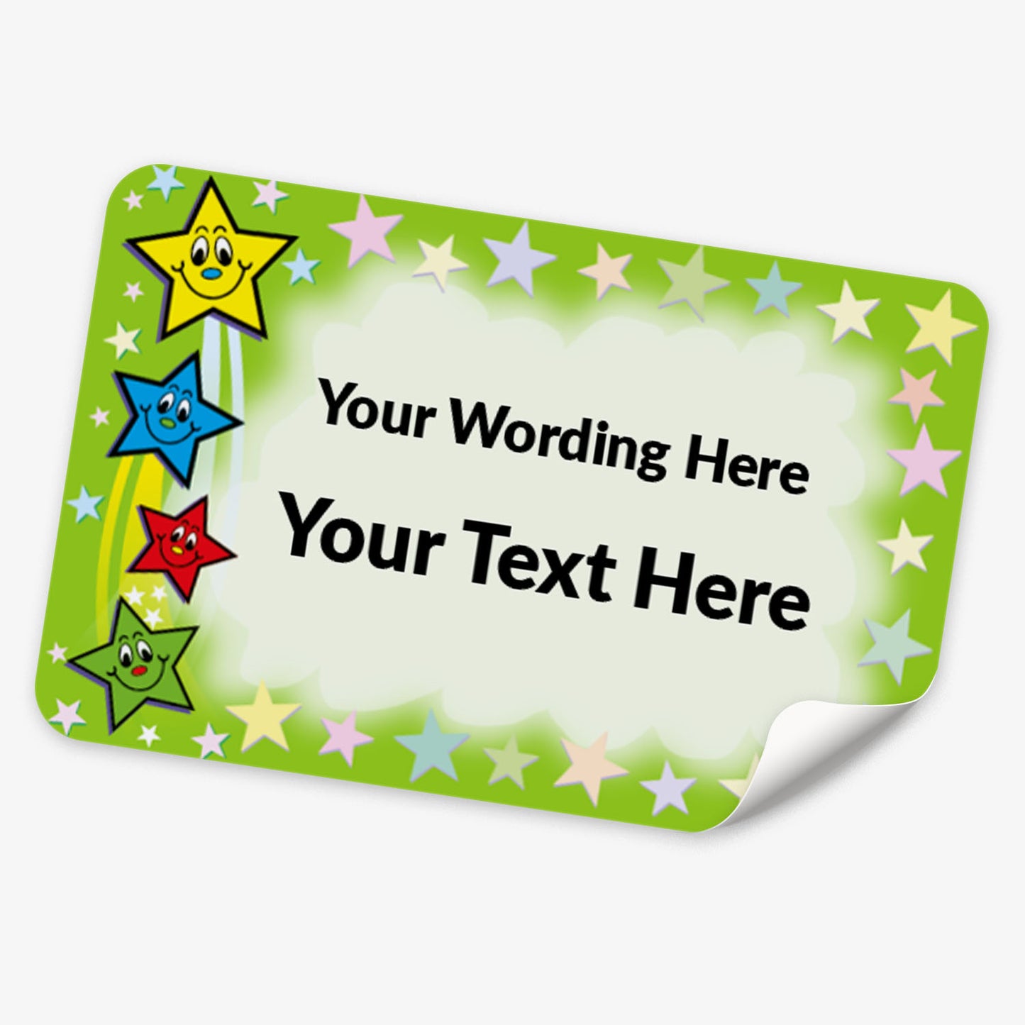 single rectangle green sticker with star decals and text