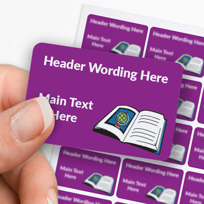 Purple stickers with white text and a book icon held by a hand with a sheet of stickers in the background