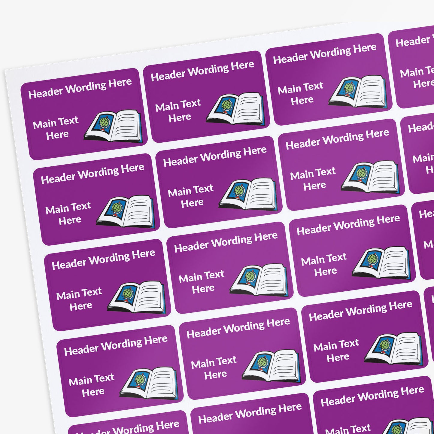 Purple labels with book icon and customisable text on a white background