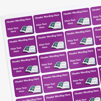Purple labels with book icon and customisable text on a white background