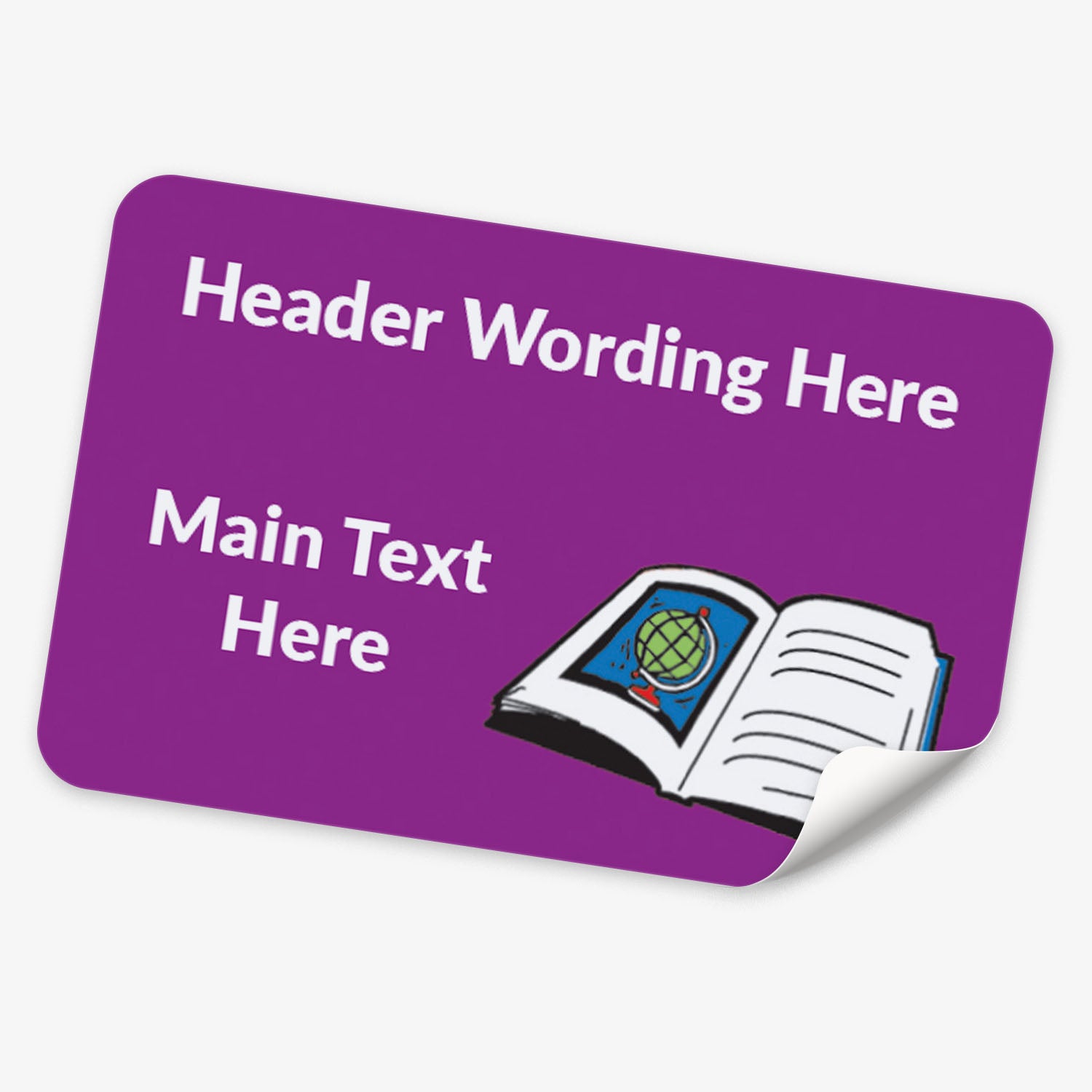 Purple label with text and an icon of an open book on a white background