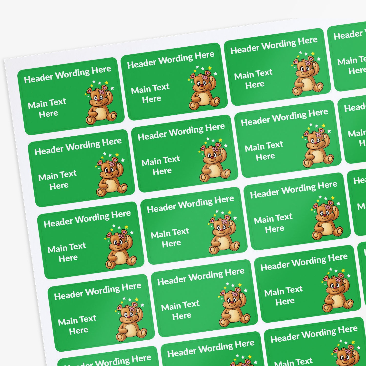 Sheet of green labels with teddy bear graphics and customisable text areas on a white background.