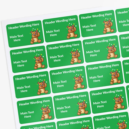 Sheet of green labels with teddy bear graphics and customisable text areas on a white background.