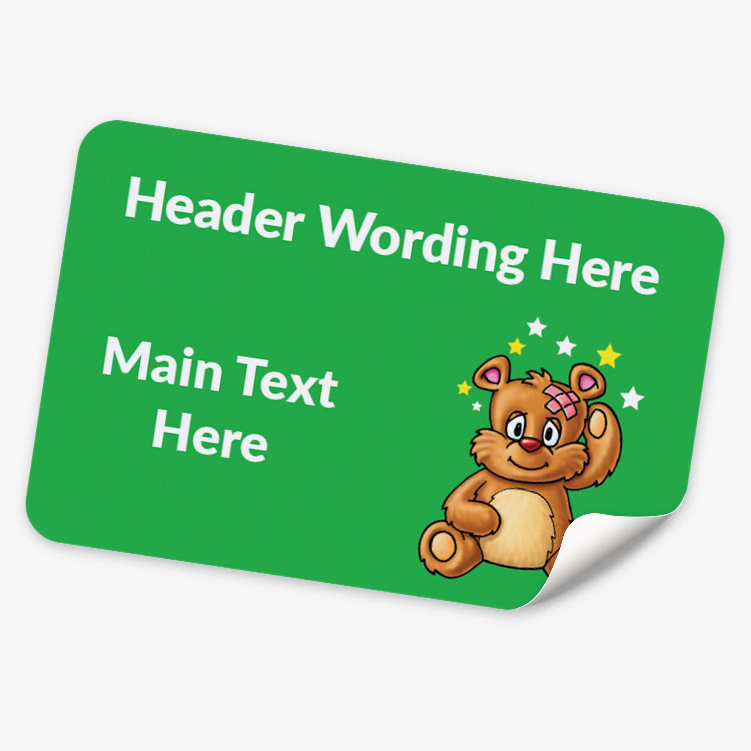 Green label with cartoon bear and customisable text on a white background