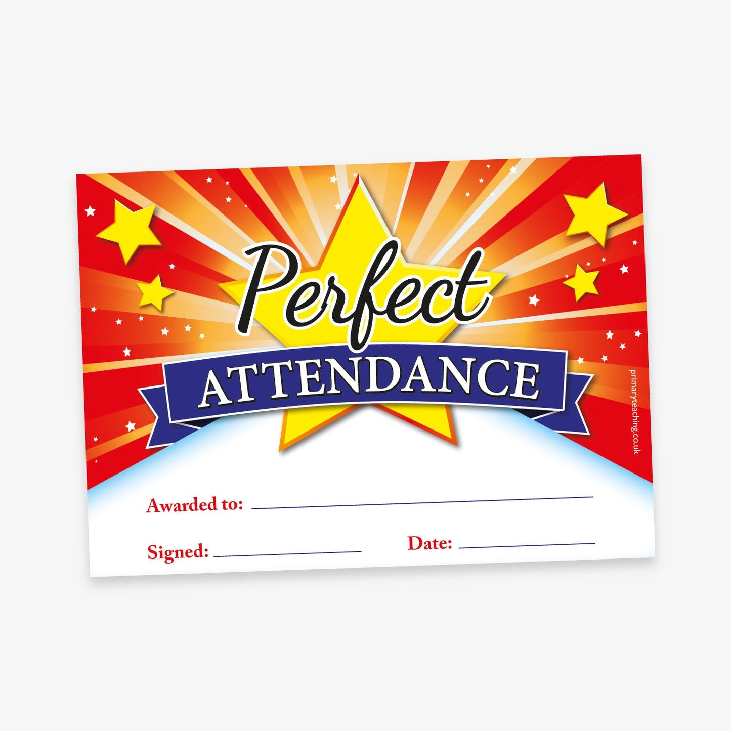 A bold and vibrant 'Perfect Attendance' certificate featuring a red and orange burst background with yellow stars and sparkles. The title 'Perfect Attendance' is prominently displayed in elegant black and bold white text over a yellow star and blue ribbon. The bottom section includes fill-in-the-blank lines labelled: 'Awarded to:', 'Signed:', and 'Date:'.
