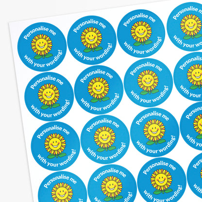 Sheet of Blue stickers with a smiling sunflower central with 'Personalise me' above and 'with your wording' below