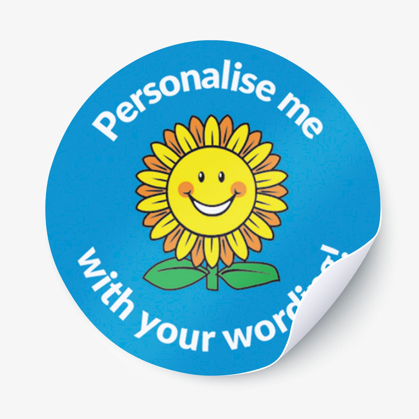 Round blue sticker with a smiling sunflower and text 'Personalise me with your words' on a white background