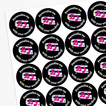 Round sticker on a sheet with musical notes and text 'Personalise me with your wording!' 