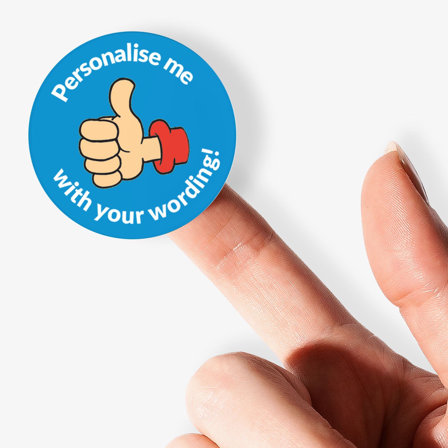 Sticker with a thumbs-up icon and text 'Personalise me with your wording!' held by a finger.