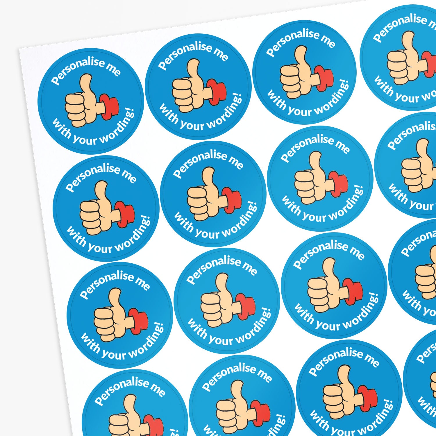 Sheet of blue stickers with thumbs up icons and text 'Personalise me with your wording!' on a white background.