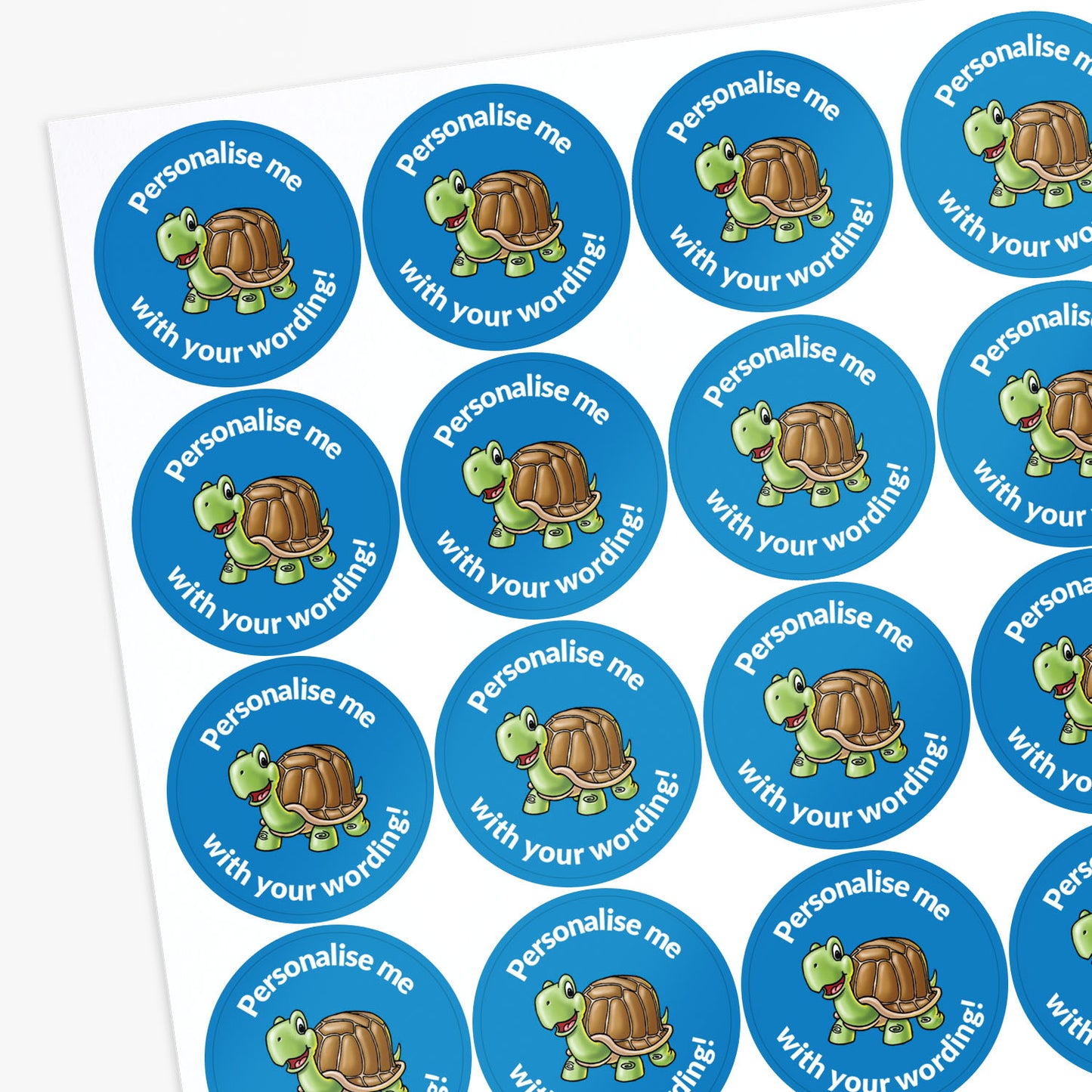 Sheet of personalized turtle stickers with blue circles and turtle graphics.