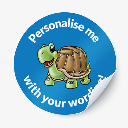 Round blue sticker with a cartoon turtle and text on a white background