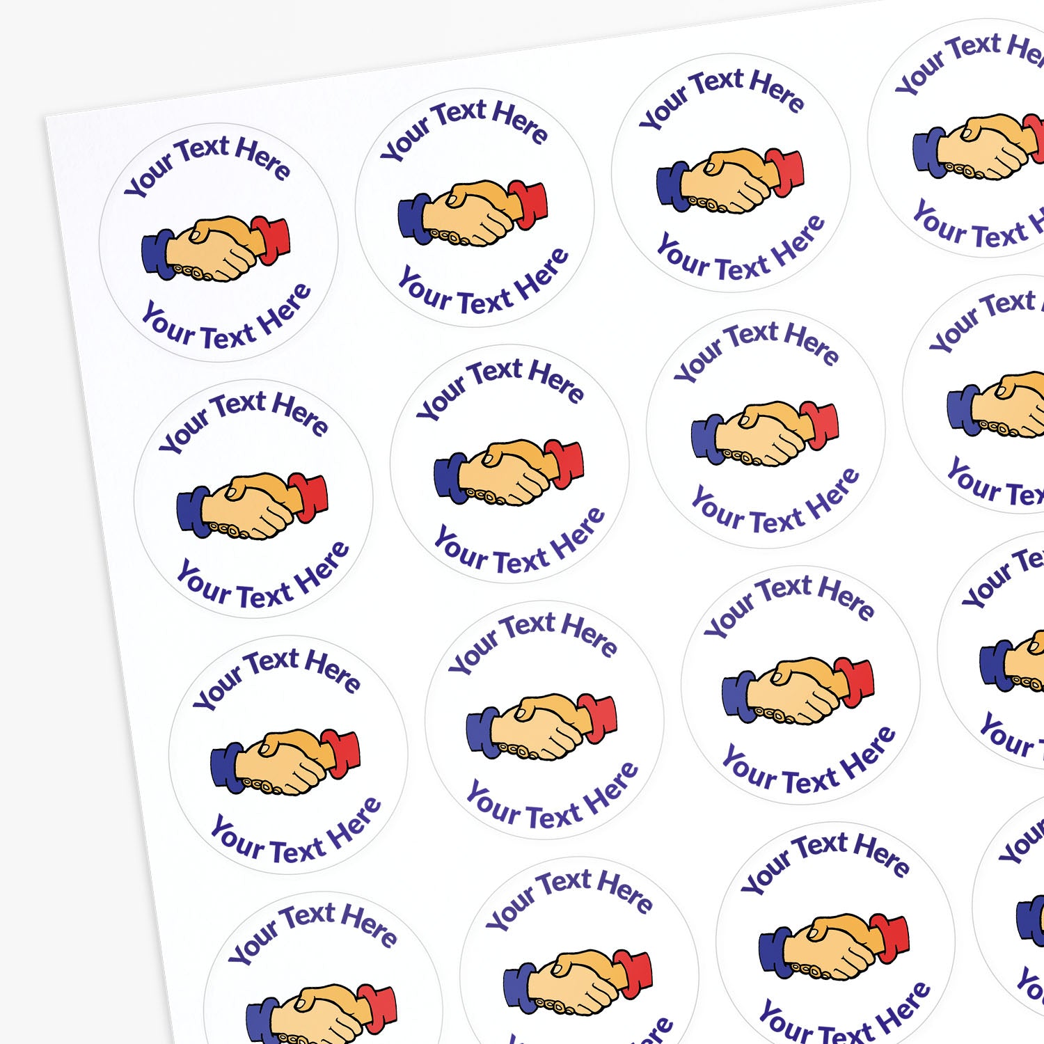 Sheet of customizable stickers with handshake graphics and text area.