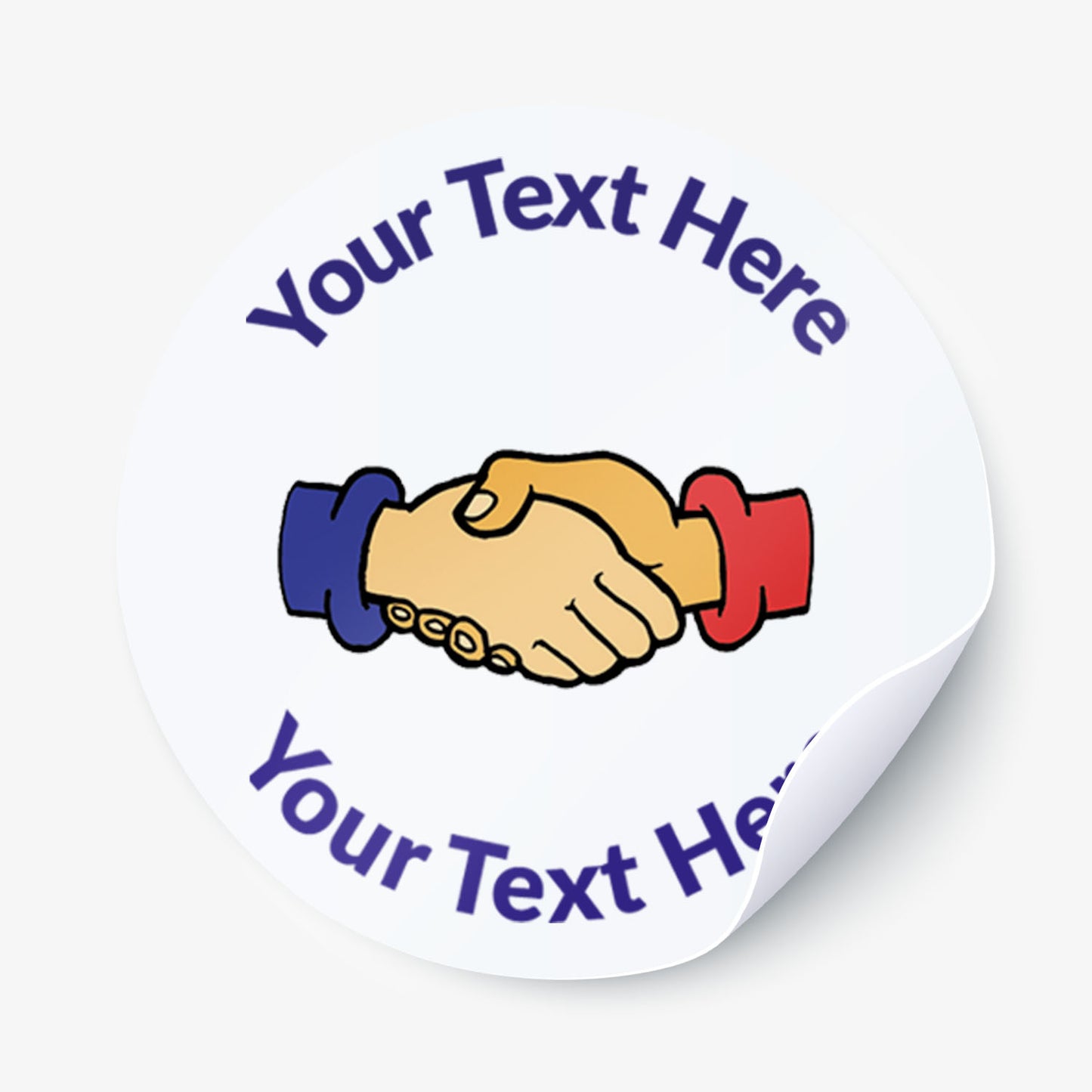 Sticker with a handshake graphic and customizable text on a white background