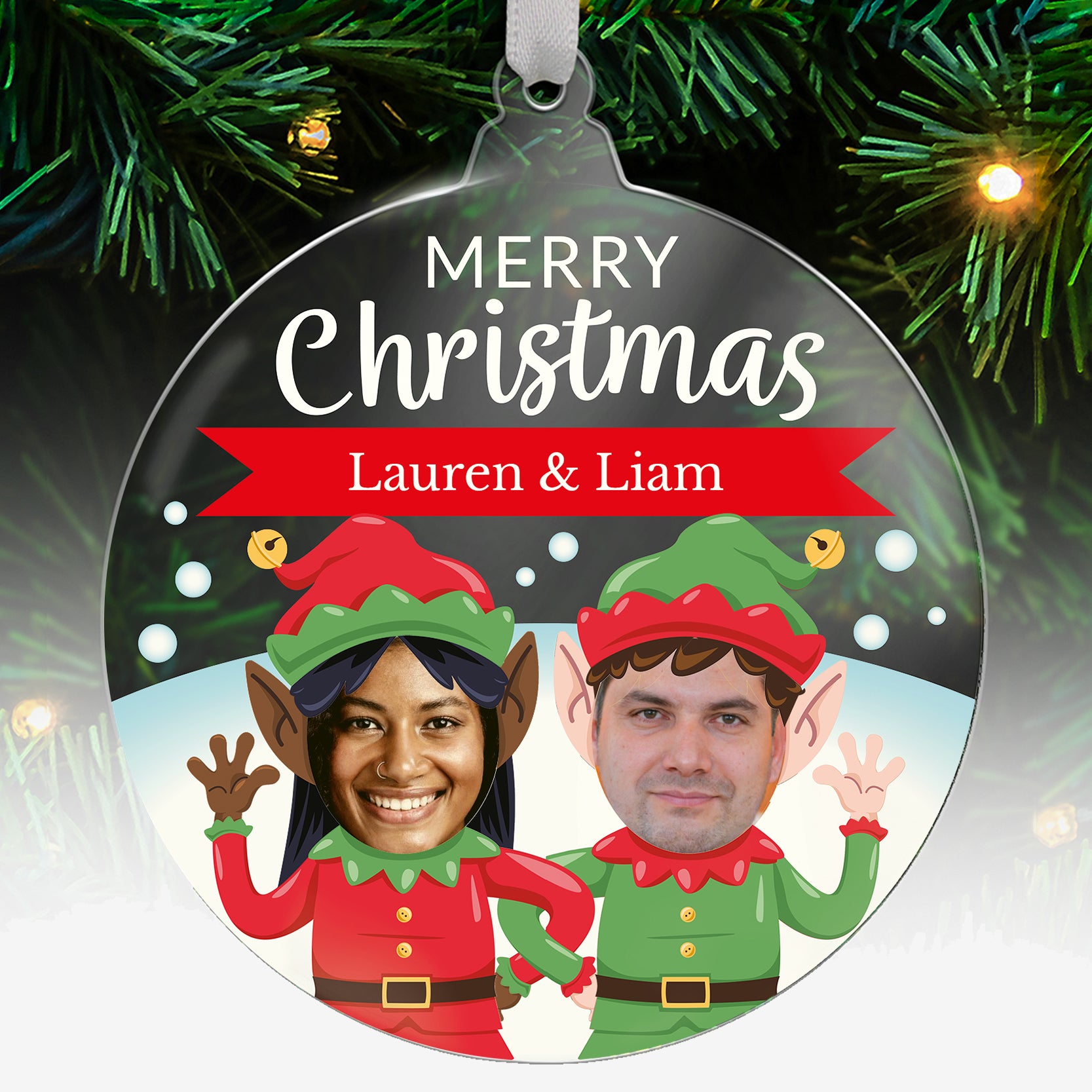 Personalised Christmas bauble with two people dressed as elves and 'Merry Christmas Lauren & Liam' text.