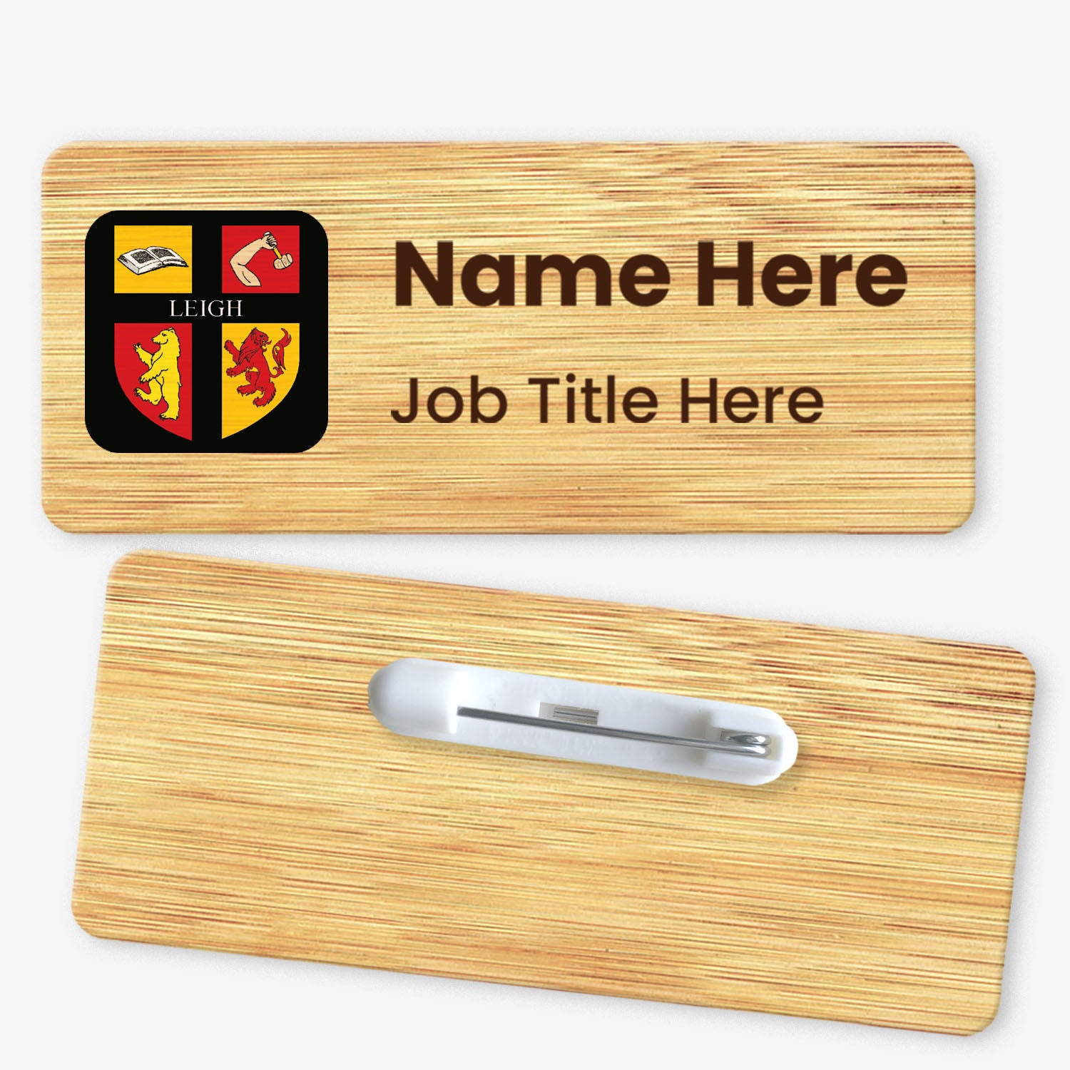 Front and back view of a rectangular bamboo name badge. The front displays a school logo, with placeholder text for 'Name Here' and 'Job Title Here'. The back features a metal safety pin fastening for attachment.