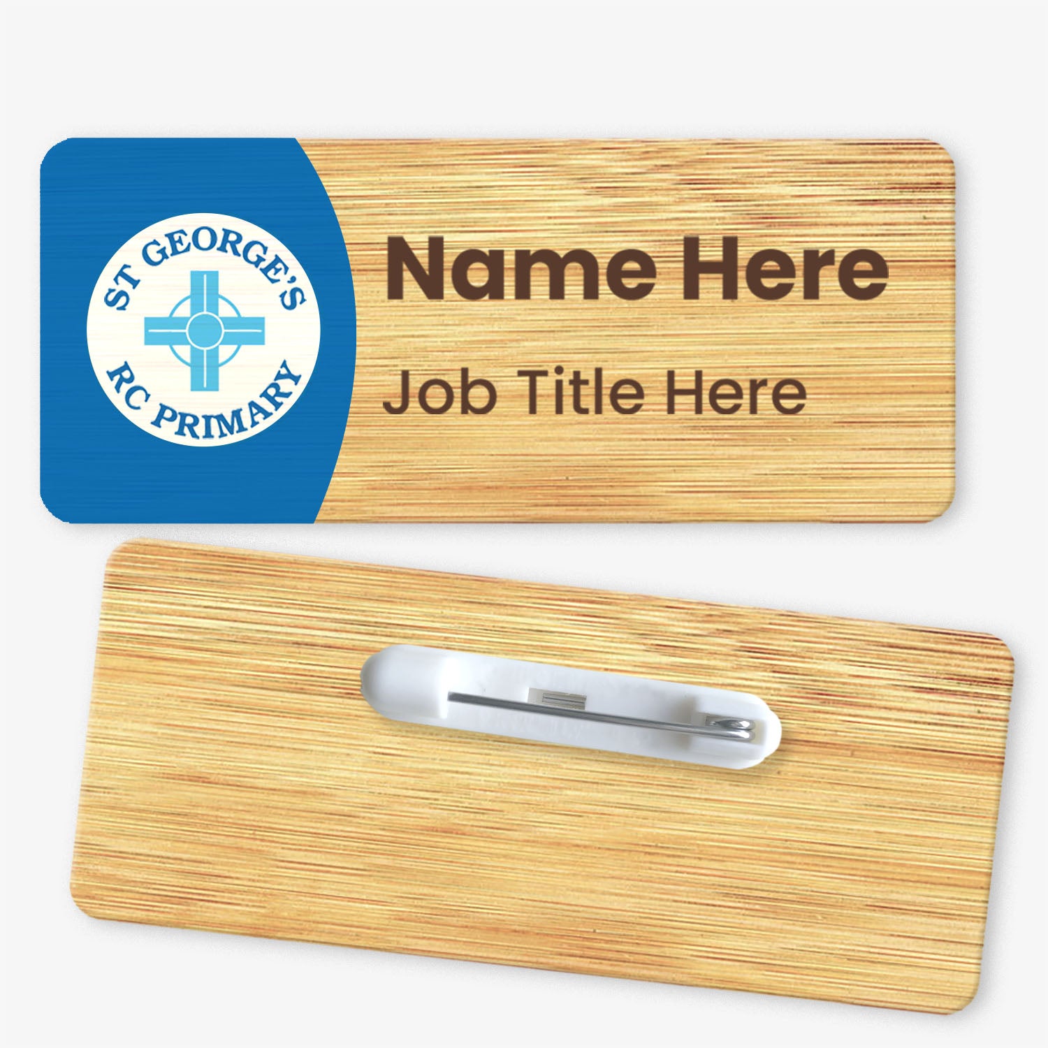 Front and back view of a rectangular bamboo name badge. The front displays the St George's RC Primary School logo on a blue panel, with placeholder text for 'Name Here' and 'Job Title Here'. The back features a metal safety pin fastening for attachment.