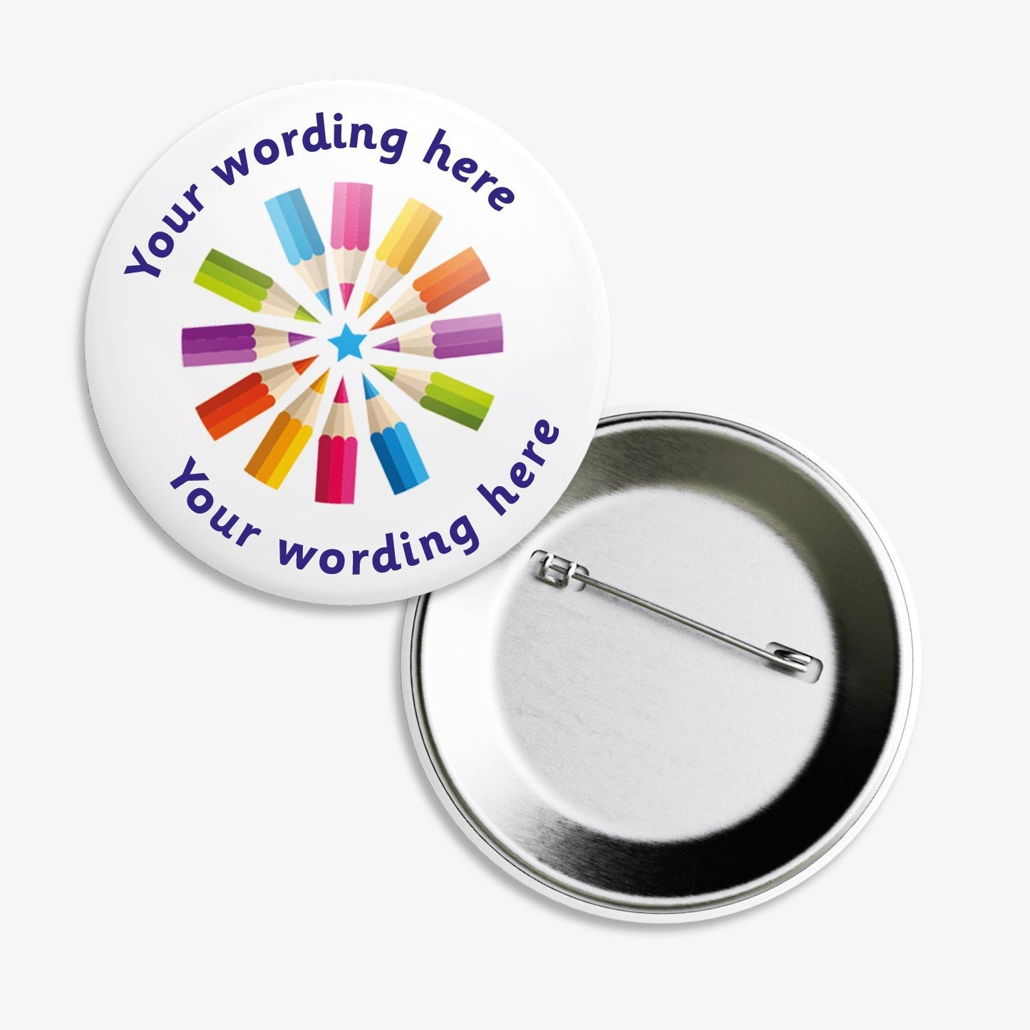 Set of ten 50mm round white badges featuring a central star surrounded by colourful pencil illustrations, with customisable text areas above and below the design; includes a safety pin backing.