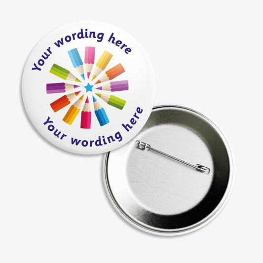 Set of ten 50mm round white badges featuring a central star surrounded by colourful pencil illustrations, with customisable text areas above and below the design; includes a safety pin backing.