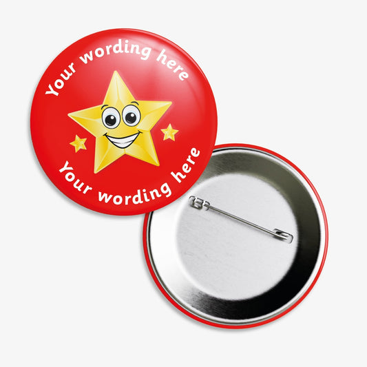 Set of ten 50mm round personalised badges featuring a smiling gold star character on a red background, with customisable white text above and below the star; equipped with safety pin fastenings, ideal for recognising pupil achievements.