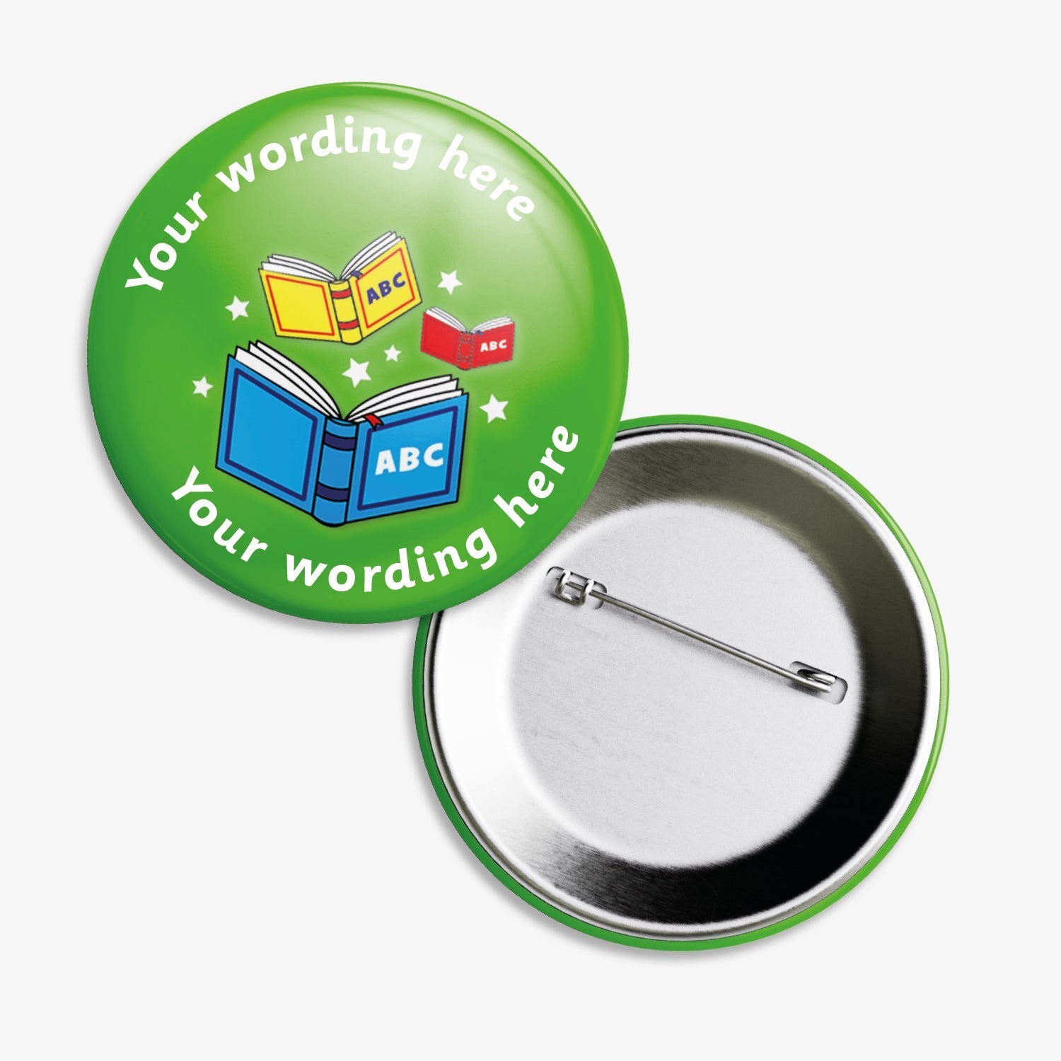 Set of ten 50mm round personalised reading badges with a green background, featuring colourful book illustrations and customisable white text above and below the central image; equipped with safety pin fastenings, ideal for recognising pupils' reading achievements.