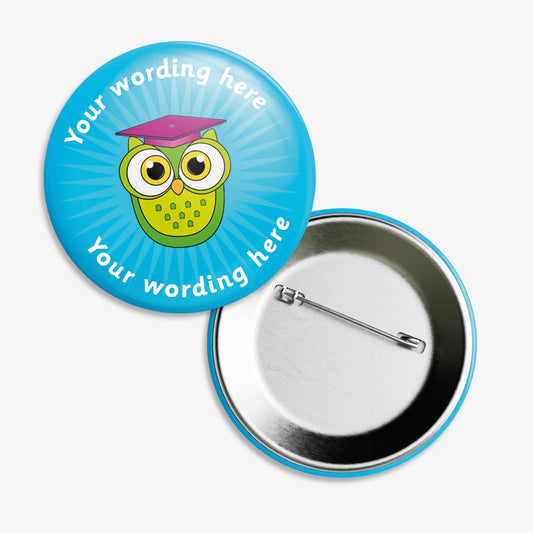 Set of ten 38mm round personalised badges featuring a green owl wearing a pink mortar board against a purple starburst background; includes customisable white text above and below the owl, equipped with safety pin fastenings.