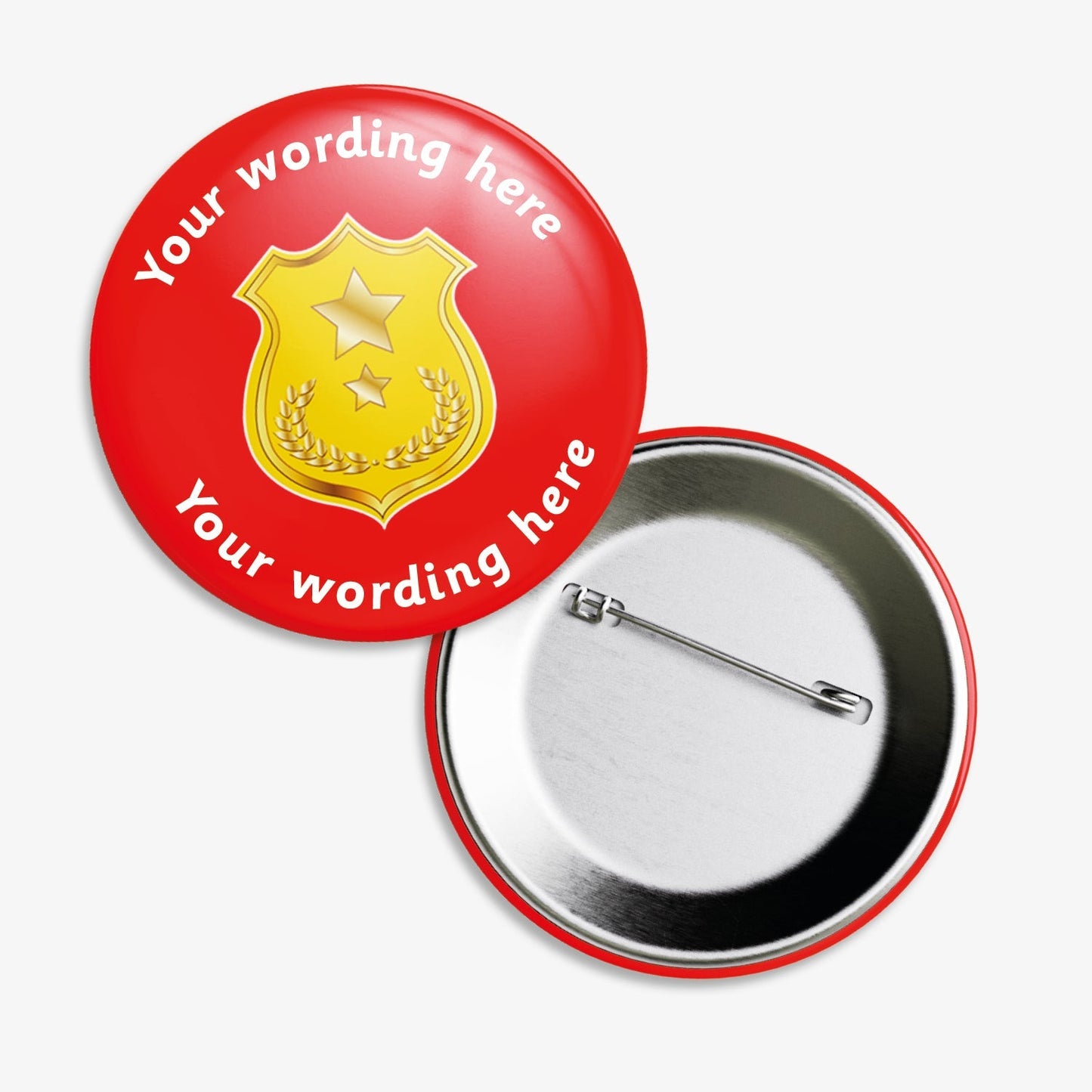 Set of ten 50mm round personalised badges featuring a red background with gold shield in the middle; includes customisable text above and below the central design, equipped with safety pin fastenings—ideal for recognising pupil achievements