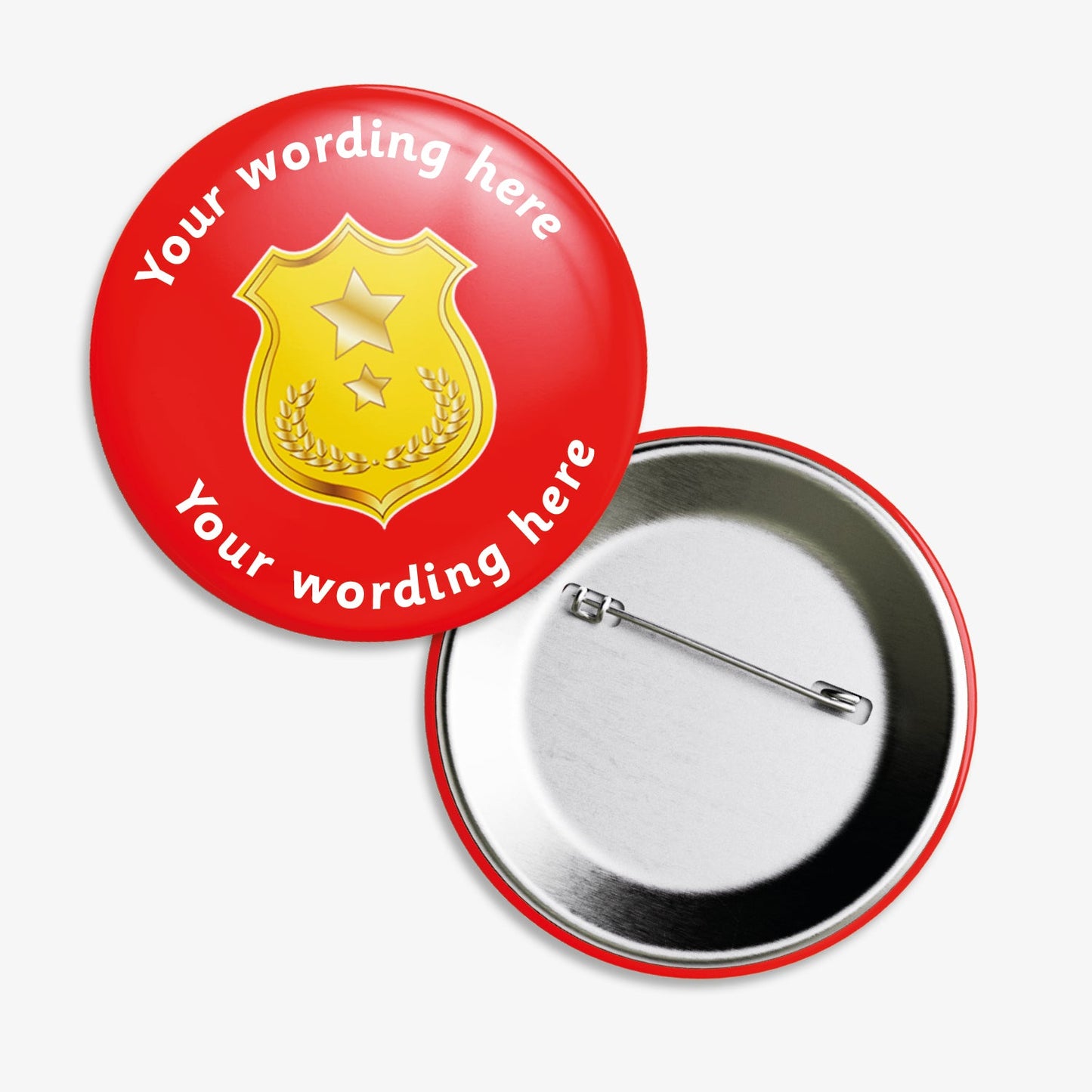 Set of ten 38mm round personalised badges featuring a red background with gold shield in the middle; includes customisable text above and below the central design, equipped with safety pin fastenings—ideal for recognising pupil achievements