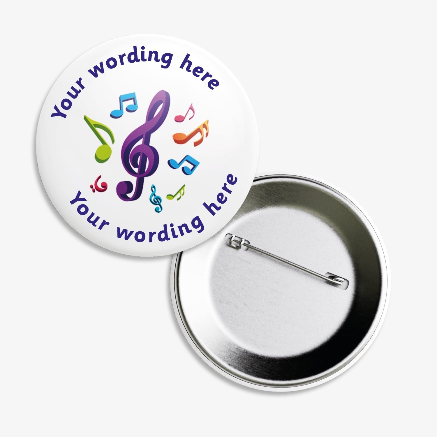 Set of ten 50mm round personalised badges featuring a central musical note icons on a white background, with customisable text above and below the icon; equipped with safety pin fastenings, ideal for recognising pupils' musical achievements or participation.
