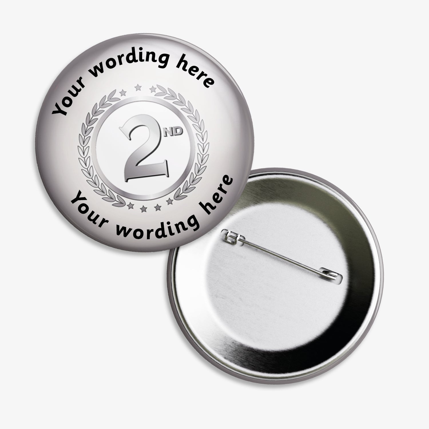 Set of ten 50mm round personalised badges featuring a silver background with a silver '2nd' in bold on white background, surrounded by a laurel wreath; includes customisable text above and below the central design, equipped with safety pin fastenings—ideal for recognising second-place achievements.